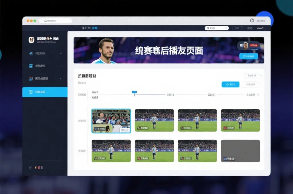 比赛结束后，电视屏幕展示集锦回放页面，旁边有时间轴和多角度切换提示